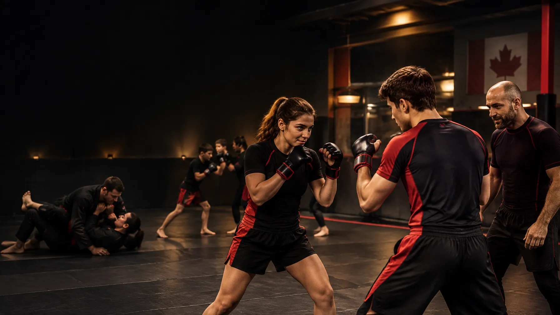 Beginner-friendly Sport MMA training inside a modern dojo with red, black, and gold accents