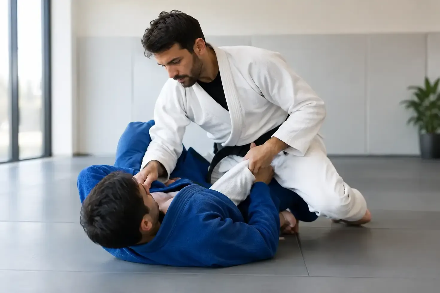 Students practicing Japanese Jiu-Jitsu technique in a martial arts dojo