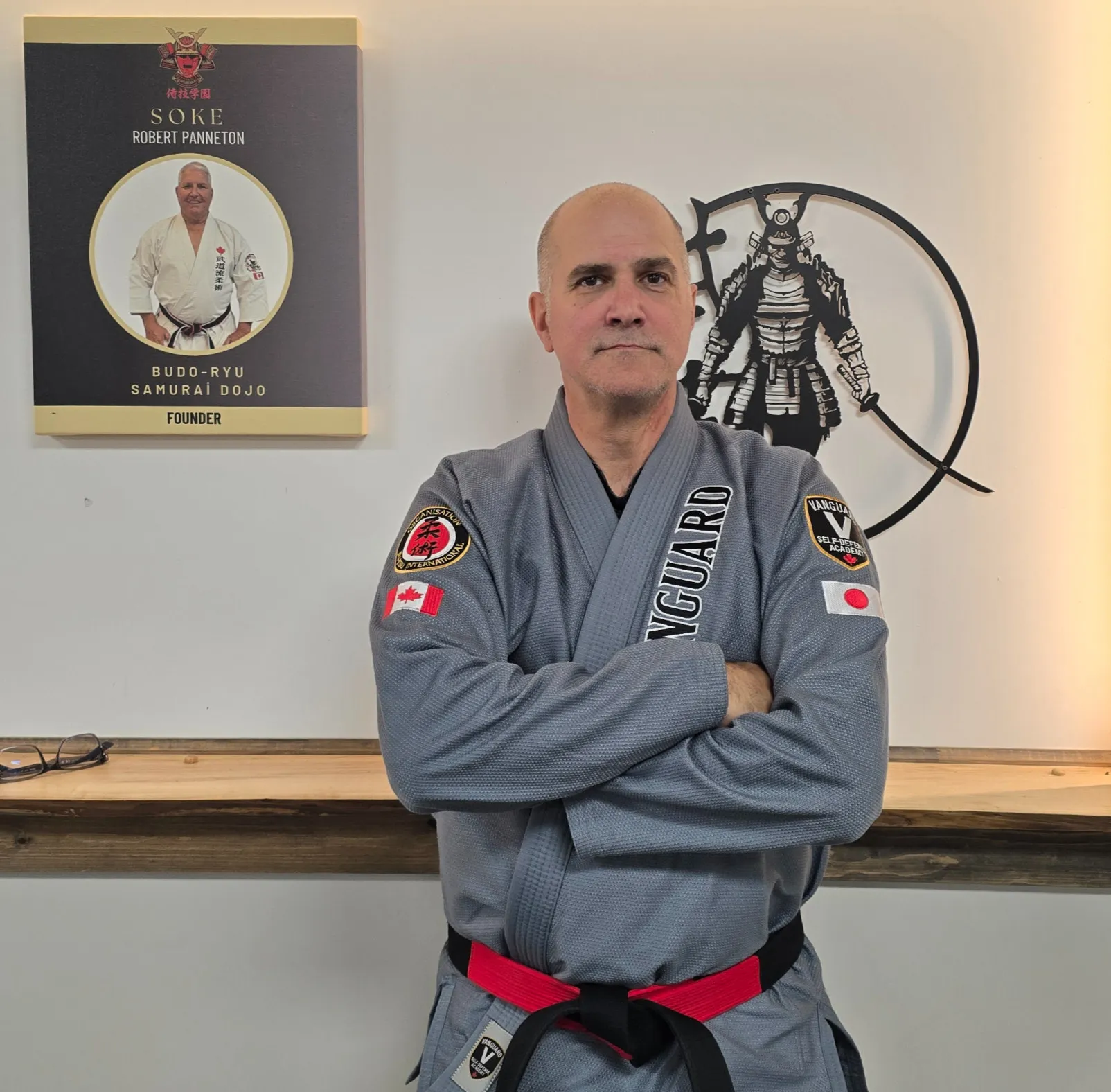 Renshi JP Perron in a grey Vanguard Jiu-Jitsu gi at the Chesterville dojo